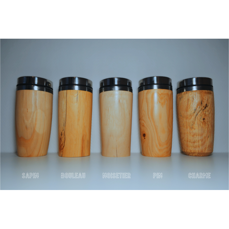 Mug à emporter en inox et en bois de différentes essences locales