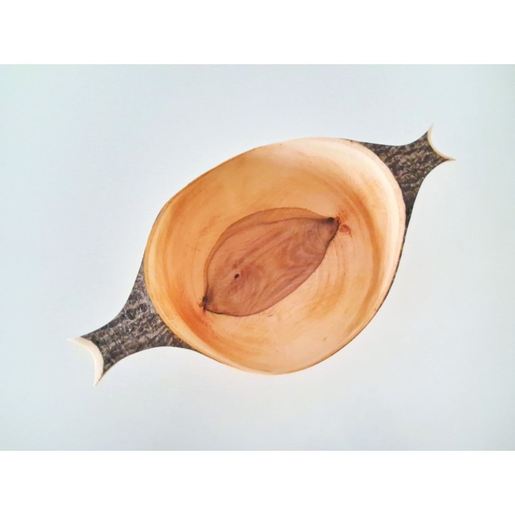 Bol décoratif artisanal en hêtre tourné vert avec écorce et anses