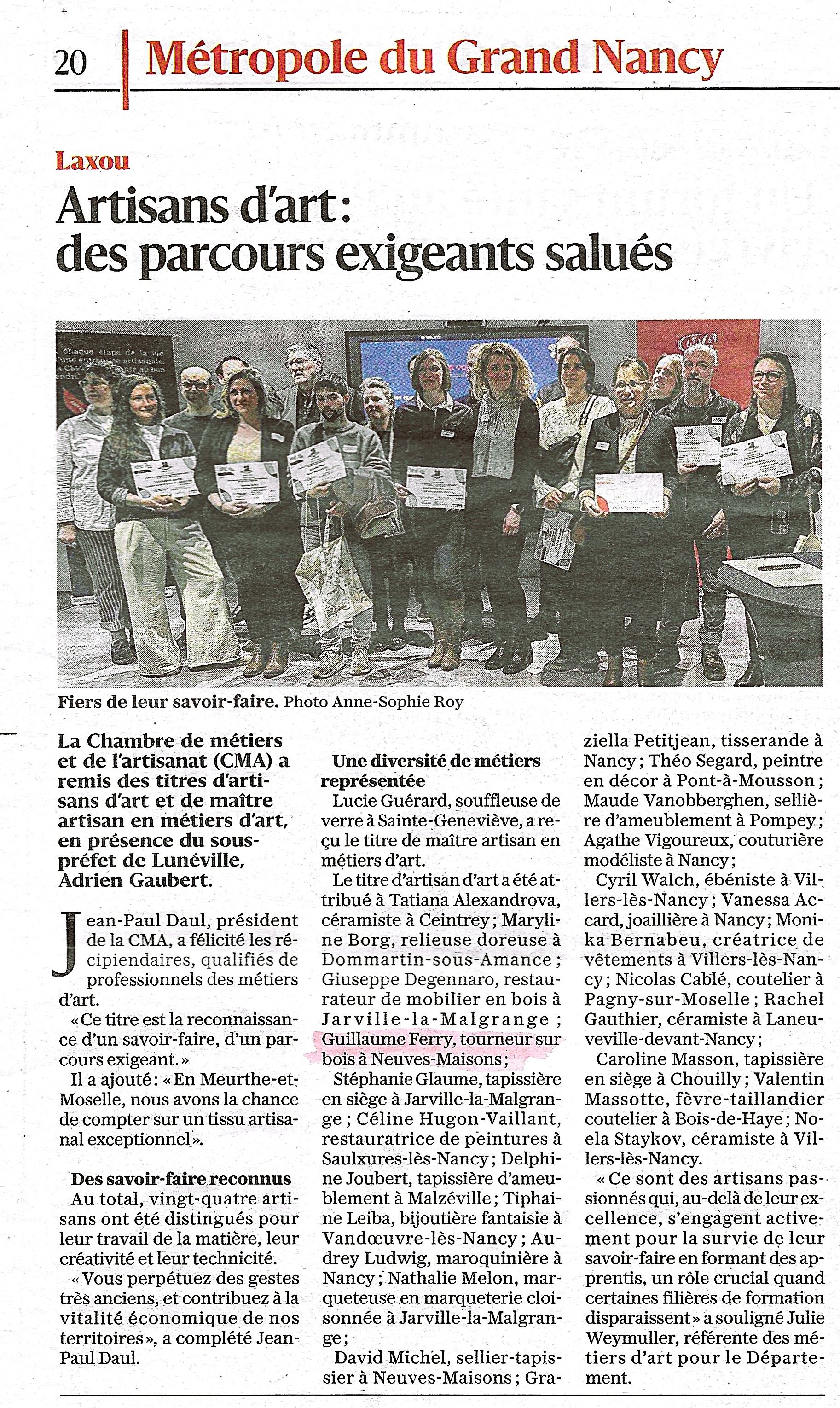 L'est Républicain - Remise du titre artisan d'art